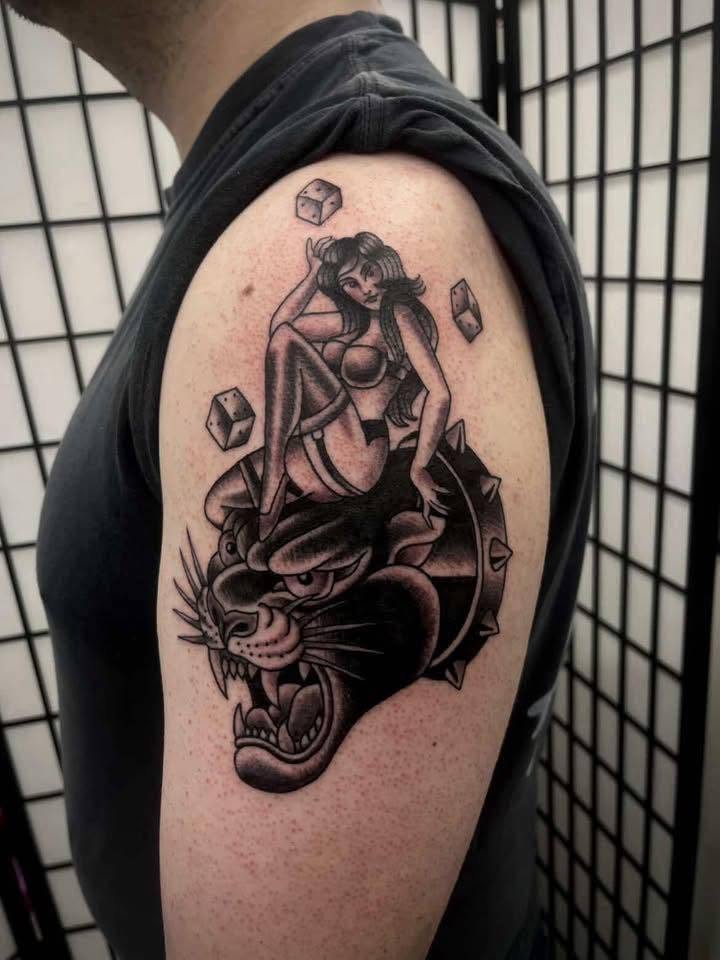 Neo traditional panther and pin-up tattoo