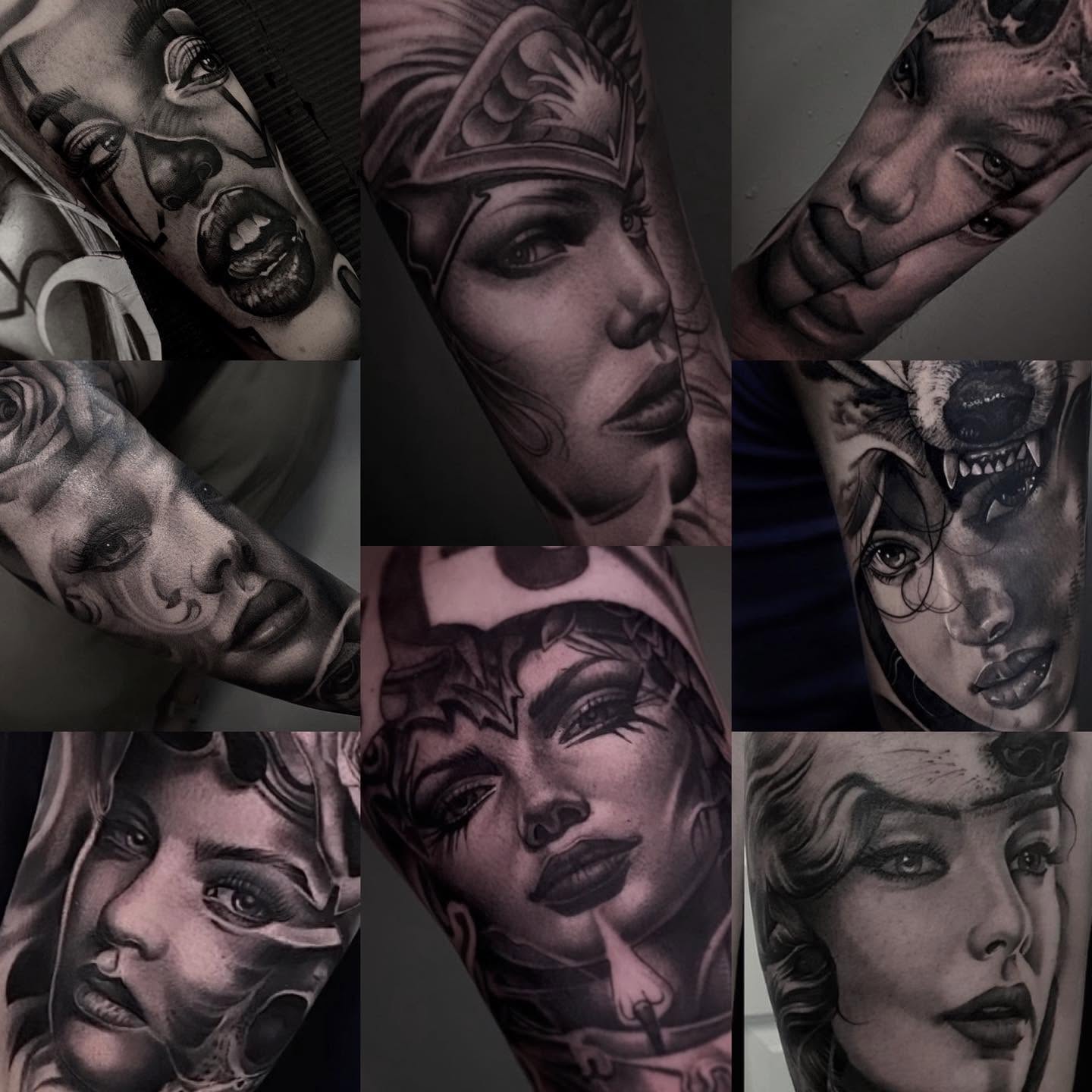 A selection of black and grey realism portrait tattoos by True North Tattoo